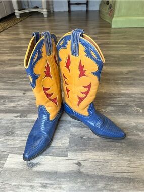 Sabre Western Cowboy Boots Womens 6.5 Blue Yellow Red Leather Made in Brazil